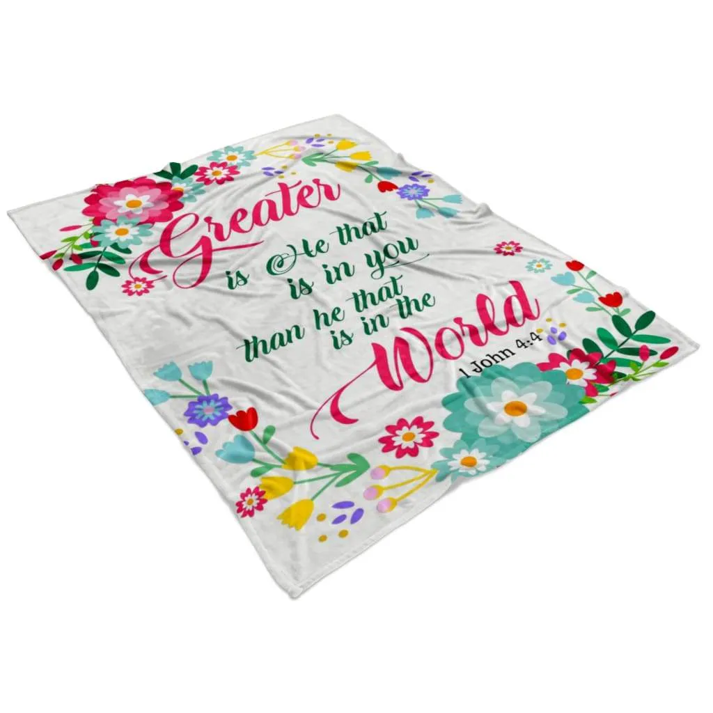 1 John 44 Greater Is He That Is In You Fleece Blanket - Christian Blanket - Bible Verse Blanket