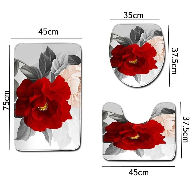 (1/3/4pcs)Red Flower Waterproof Shower Curtain Anti-slip Bath Mat Carpet Rug Toilet Cover Mat For Home Bathroom Decor
