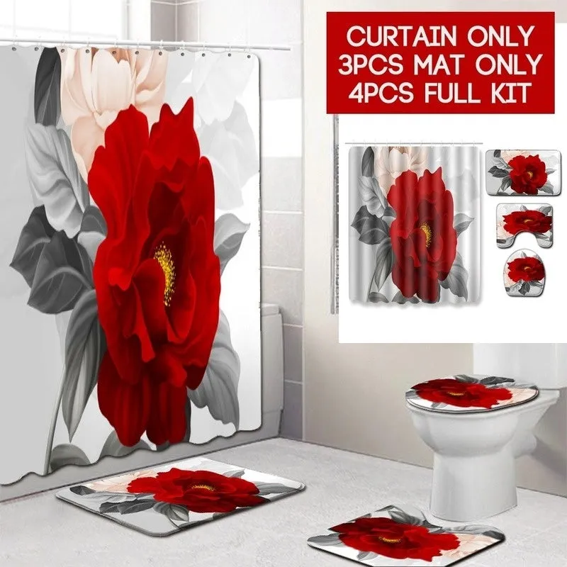 (1/3/4pcs)Red Flower Waterproof Shower Curtain Anti-slip Bath Mat Carpet Rug Toilet Cover Mat For Home Bathroom Decor