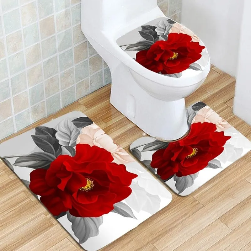(1/3/4pcs)Red Flower Waterproof Shower Curtain Anti-slip Bath Mat Carpet Rug Toilet Cover Mat For Home Bathroom Decor
