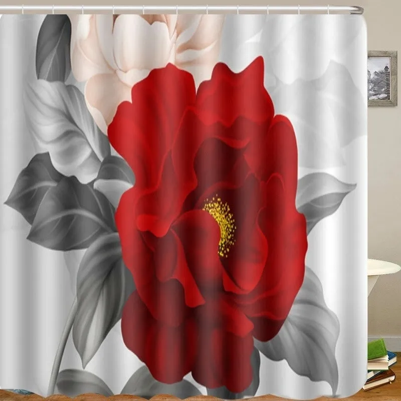 (1/3/4pcs)Red Flower Waterproof Shower Curtain Anti-slip Bath Mat Carpet Rug Toilet Cover Mat For Home Bathroom Decor