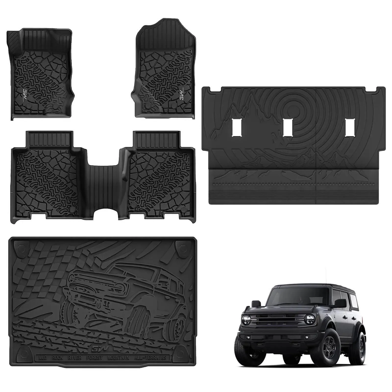 3W Ford Bronco 4-Door 2021-2024 Floor Mats / Trunk Mat TPE Material & All-Weather Protection