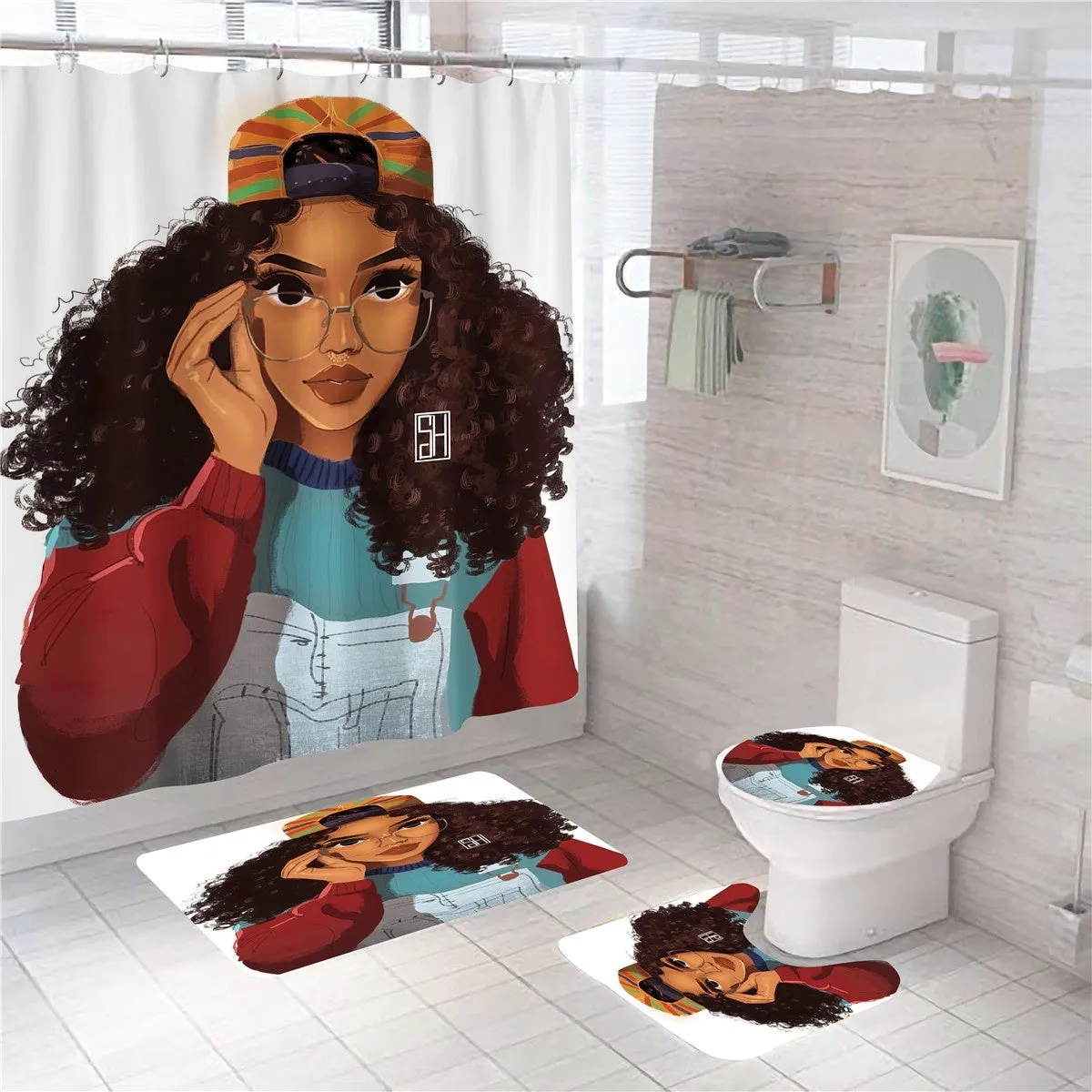 4Pcs Full Sets Waterproof Non-Slip Art African Girls Bathroom Shower Curtain Pedestal Rug Toilet Seat Cover Bath Mat