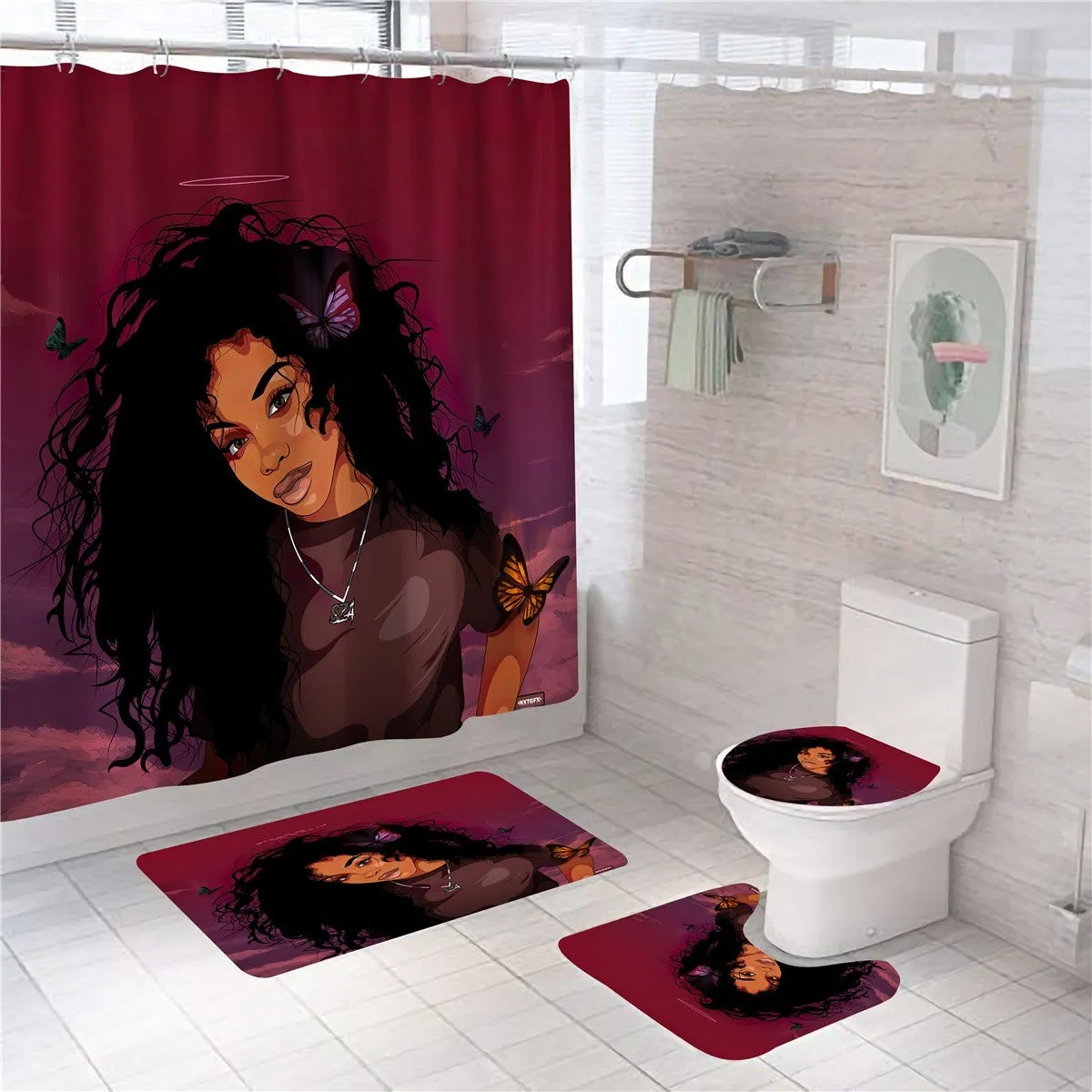 4Pcs Full Sets Waterproof Non-Slip Art African Girls Bathroom Shower Curtain Pedestal Rug Toilet Seat Cover Bath Mat