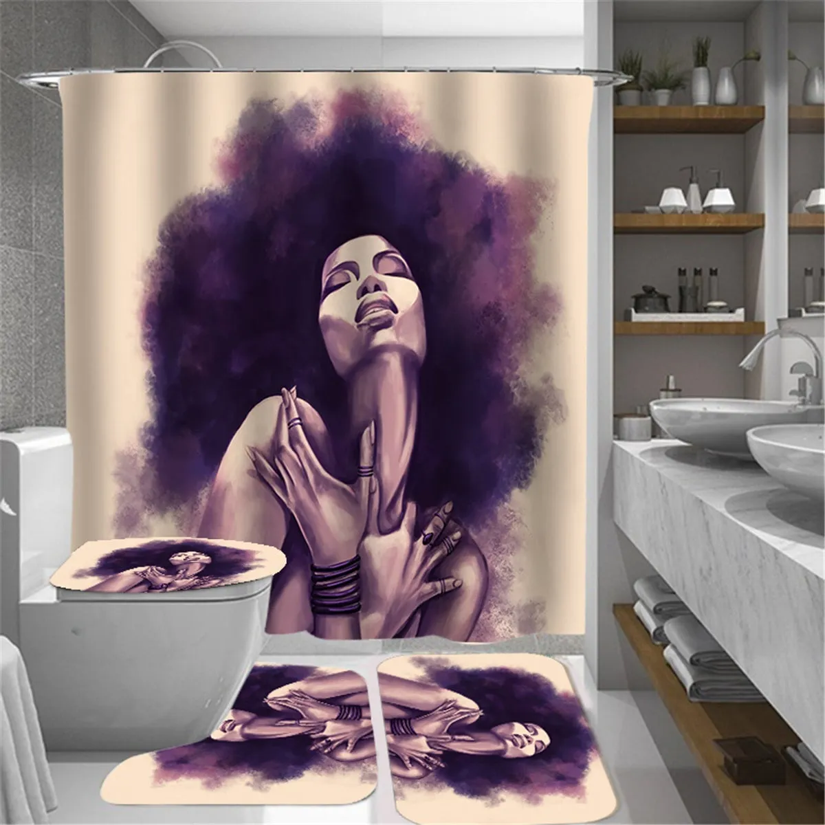 4Pcs Full Sets Waterproof Non-Slip Art African Girls Bathroom Shower Curtain Pedestal Rug Toilet Seat Cover Bath Mat