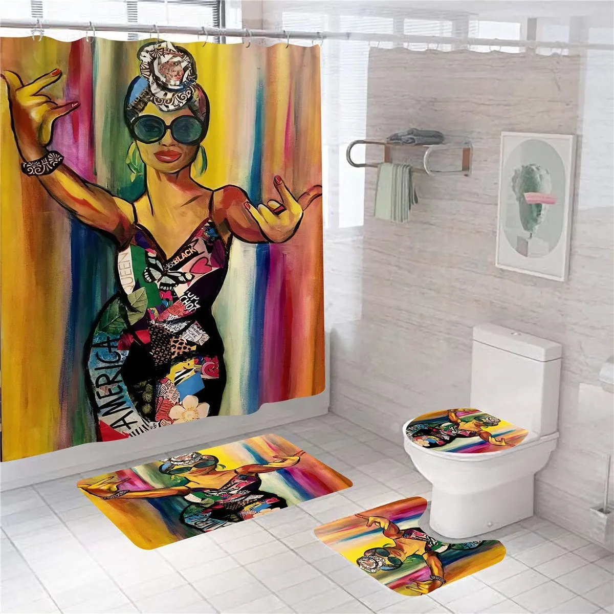 4Pcs Full Sets Waterproof Non-Slip Art African Girls Bathroom Shower Curtain Pedestal Rug Toilet Seat Cover Bath Mat