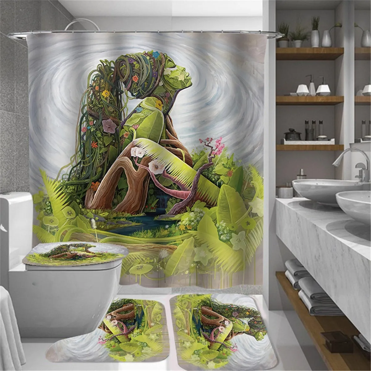 4Pcs Full Sets Waterproof Non-Slip Art African Girls Bathroom Shower Curtain Pedestal Rug Toilet Seat Cover Bath Mat