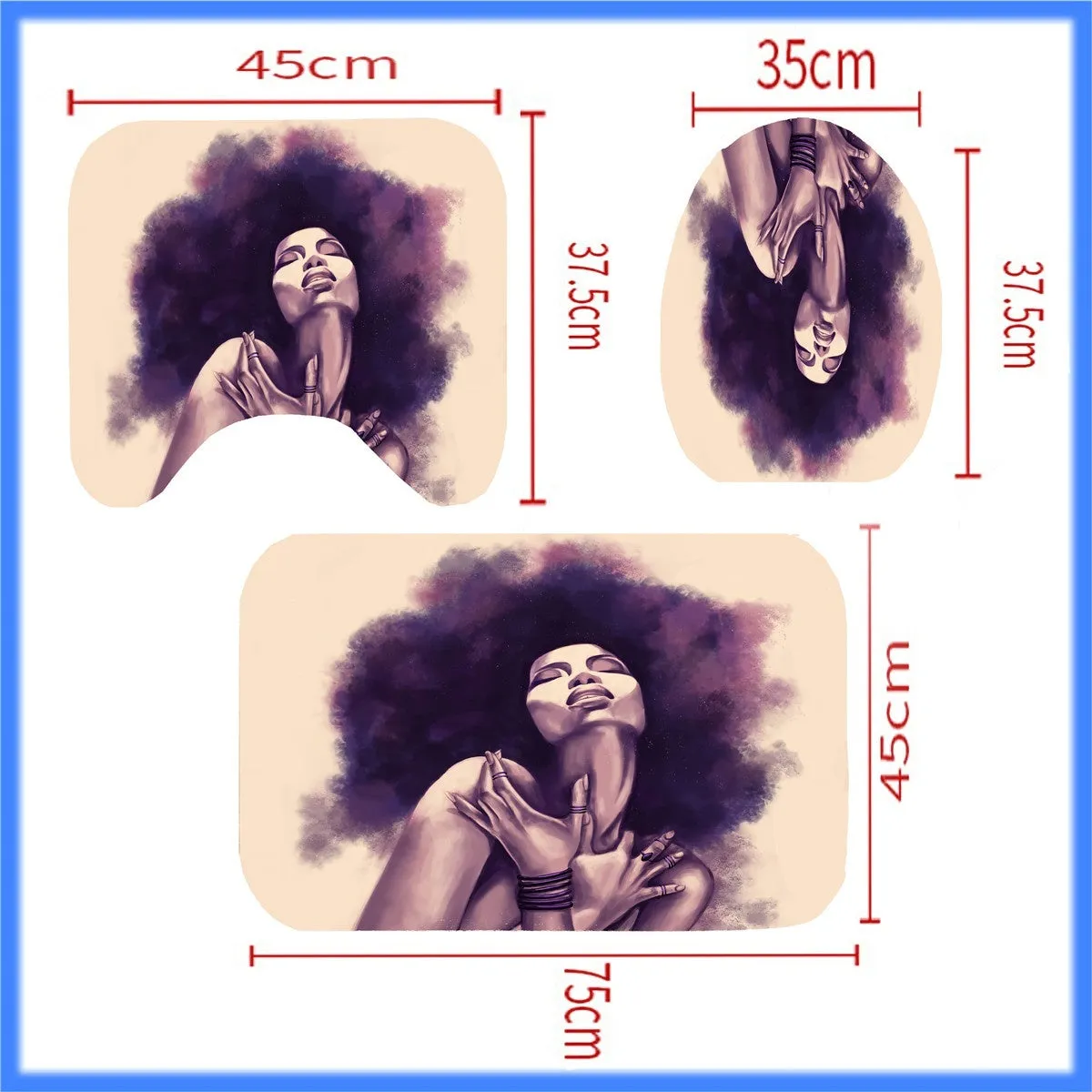 4Pcs Full Sets Waterproof Non-Slip Art African Girls Bathroom Shower Curtain Pedestal Rug Toilet Seat Cover Bath Mat