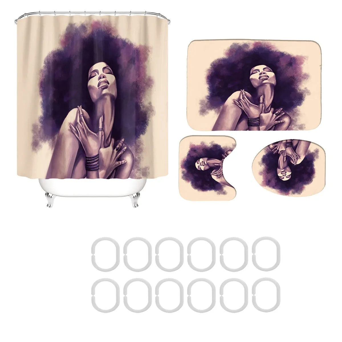 4Pcs Full Sets Waterproof Non-Slip Art African Girls Bathroom Shower Curtain Pedestal Rug Toilet Seat Cover Bath Mat