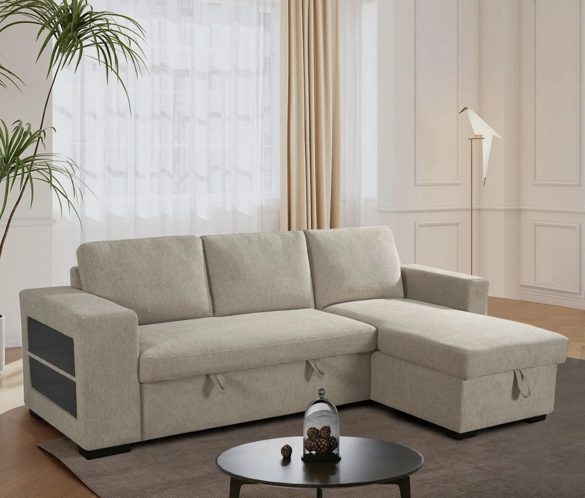 Anna Sofa Bed With Storage - Reversible Chaise - Beige