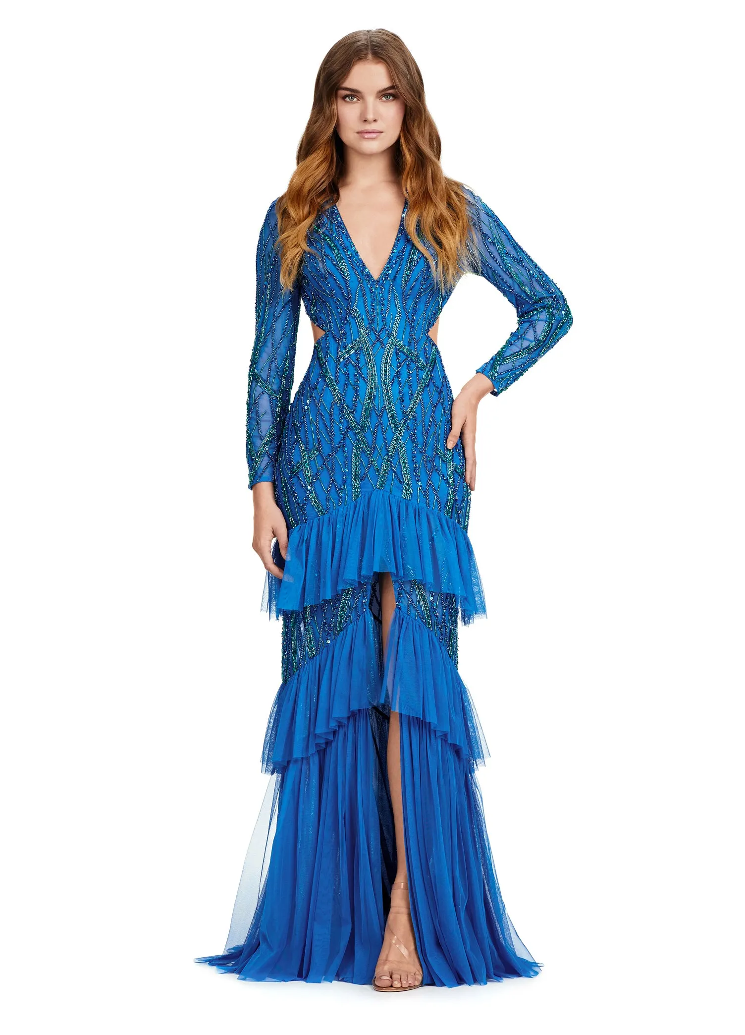 Ashley Lauren 11436 Long Prom Dress Long Sleeve Beaded V-Neck Gown Center Slit Ruffles Formal