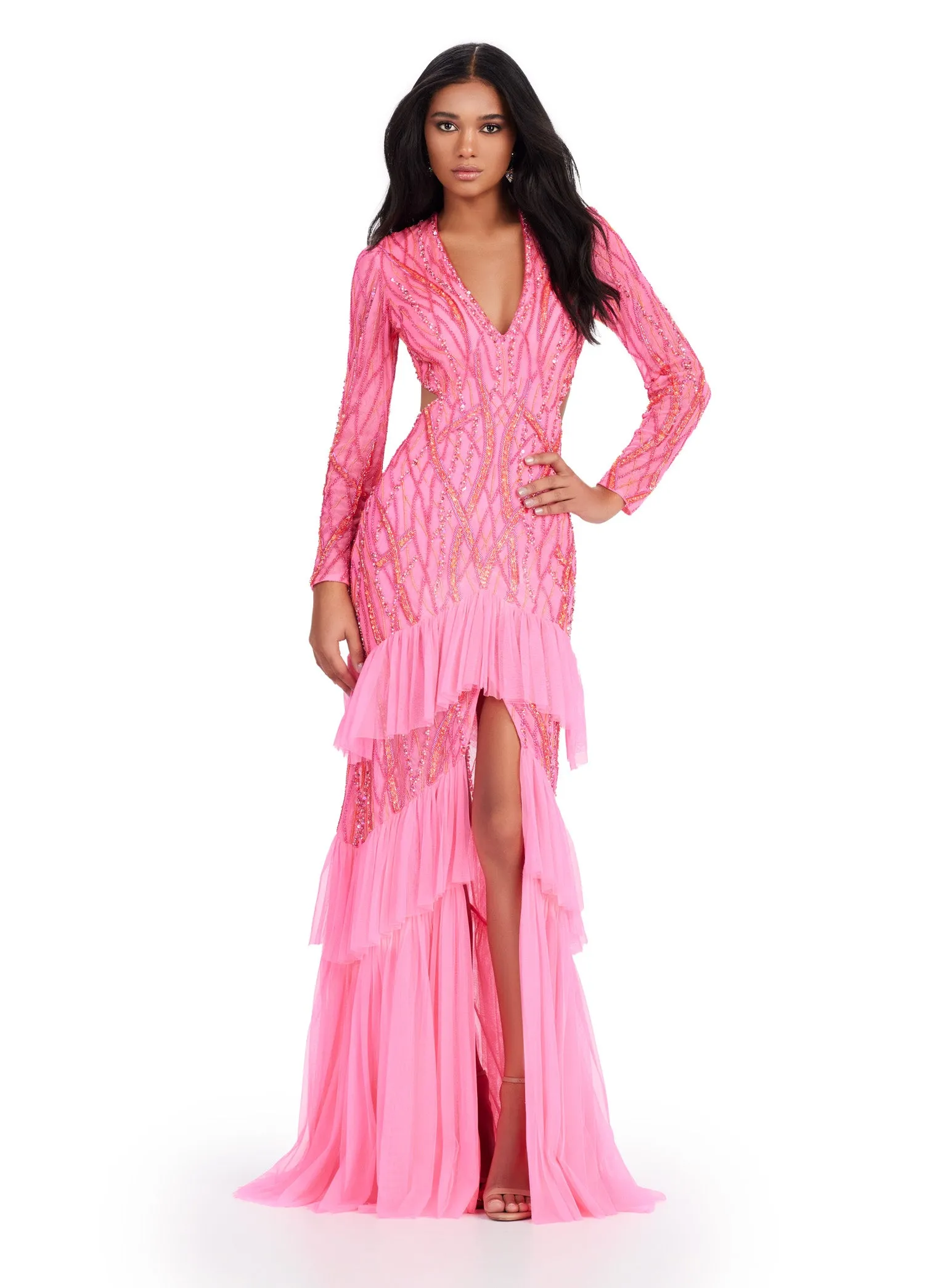 Ashley Lauren 11436 Long Prom Dress Long Sleeve Beaded V-Neck Gown Center Slit Ruffles Formal