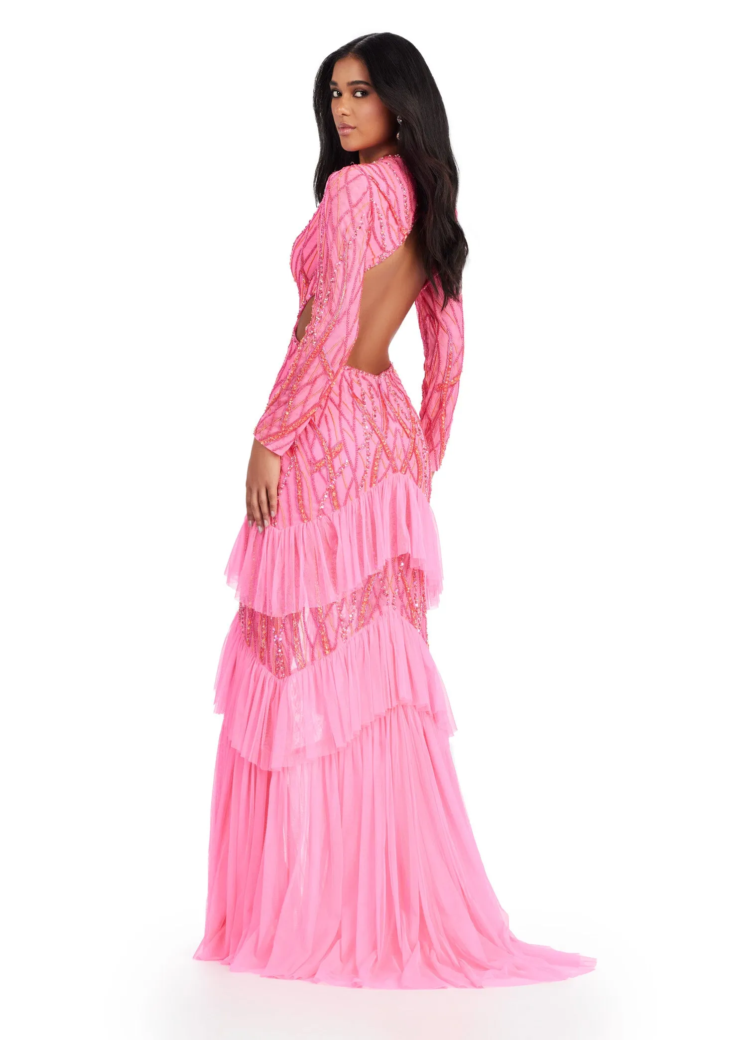 Ashley Lauren 11436 Long Prom Dress Long Sleeve Beaded V-Neck Gown Center Slit Ruffles Formal