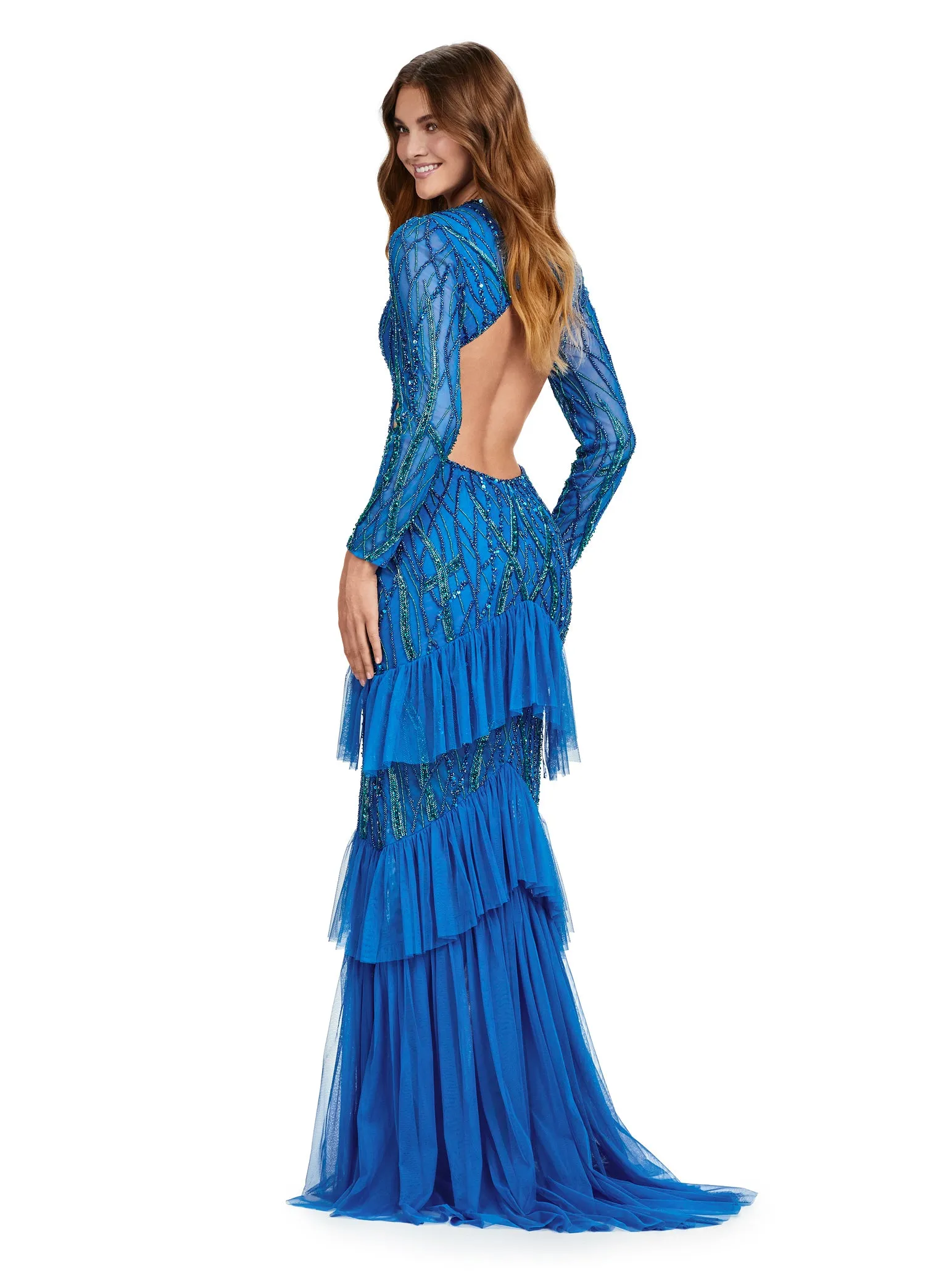 Ashley Lauren 11436 Long Prom Dress Long Sleeve Beaded V-Neck Gown Center Slit Ruffles Formal