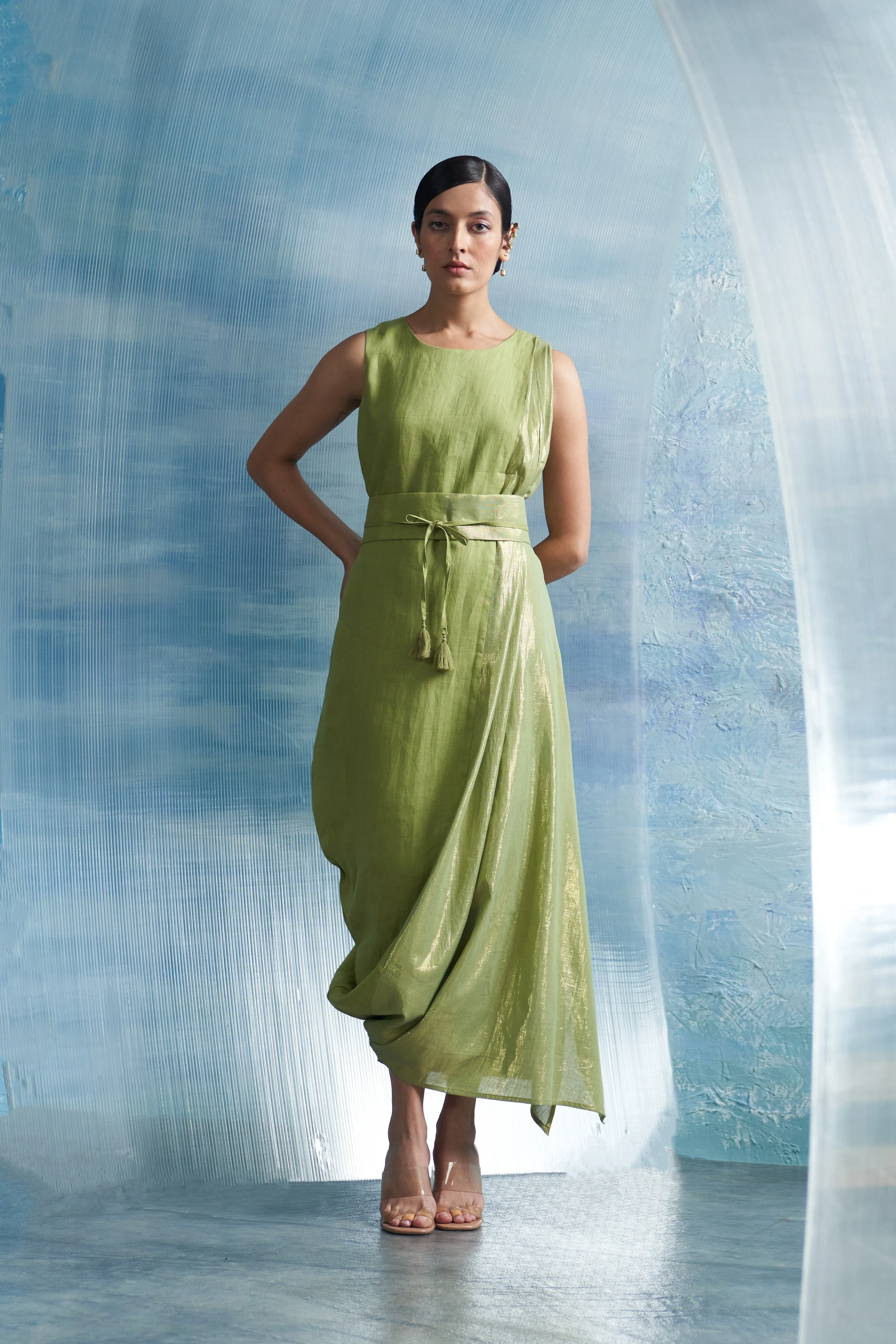 Aura Sheen Green Linen Drape Dress