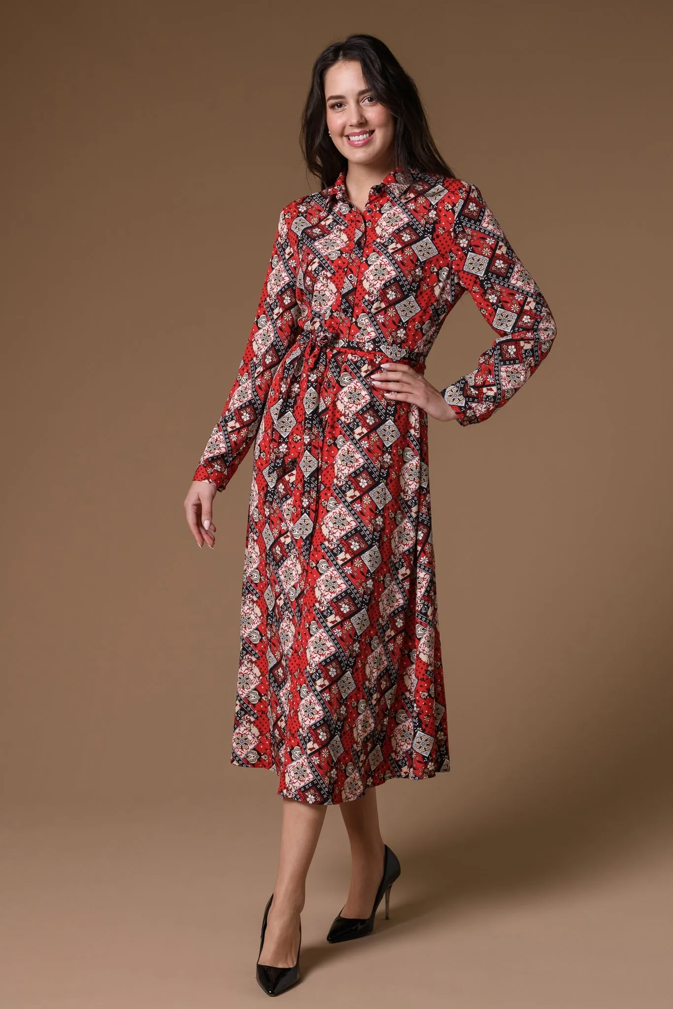 Belted Tile Print Maxi Dress- Red