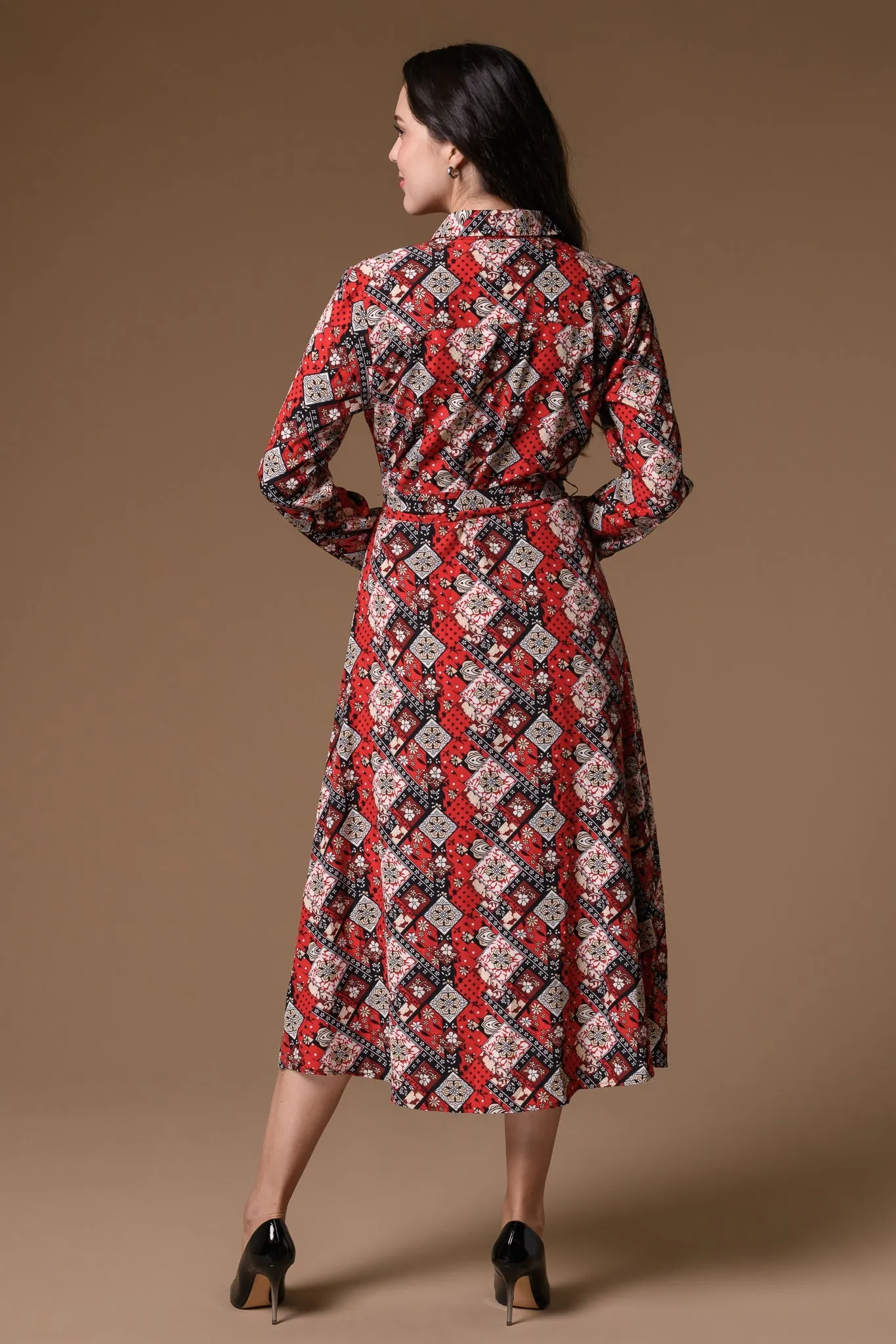 Belted Tile Print Maxi Dress- Red