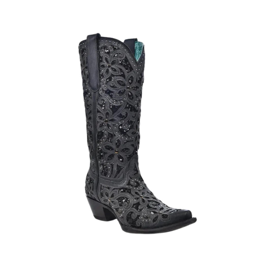 Corral Women's Flower Embroidery Studs Black Boots