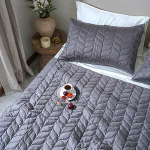 Cotton Bedcover with 2 Pillow Covers | Leaf Design | Grey