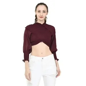 Fashion Hub Cross Crop top for Women (Small, Wine)