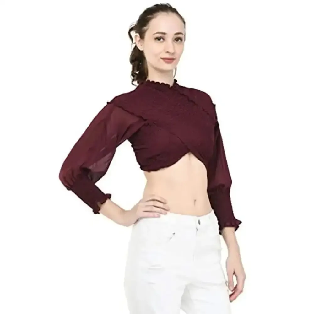 Fashion Hub Cross Crop top for Women (Small, Wine)