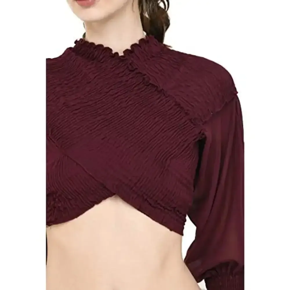 Fashion Hub Cross Crop top for Women (Small, Wine)