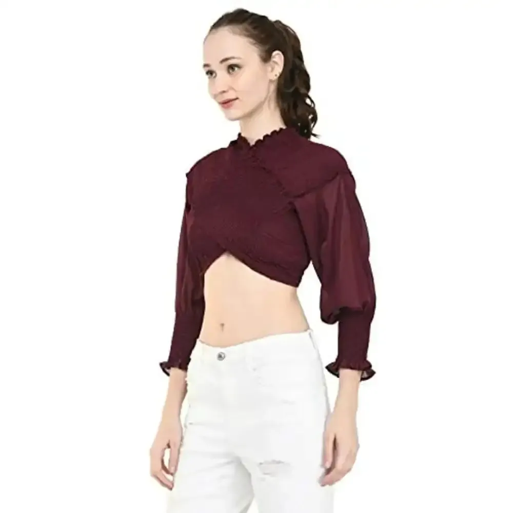 Fashion Hub Cross Crop top for Women (Small, Wine)