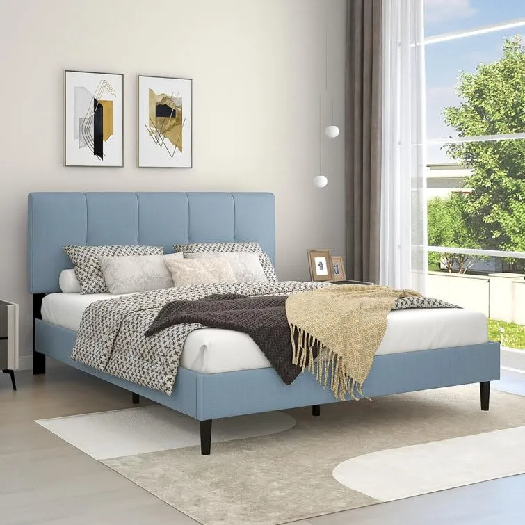 FORESTER FURNITURE Solid Sheesham Wood Queen Size Bed Cot Bed Furniture Upholstered Double Bed for Bedroom Living Room Home -Sky Blue Finish