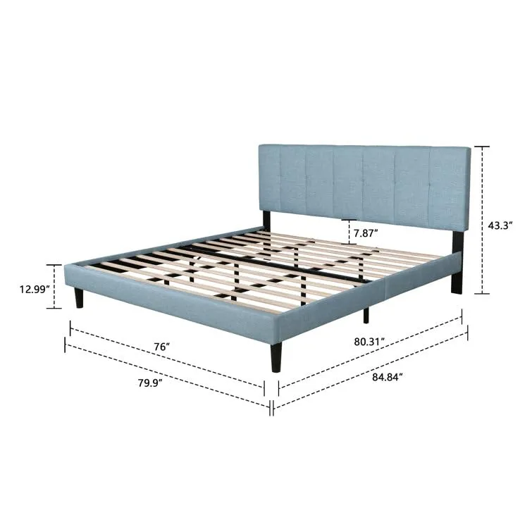 FORESTER FURNITURE Solid Sheesham Wood Queen Size Bed Cot Bed Furniture Upholstered Double Bed for Bedroom Living Room Home -Sky Blue Finish