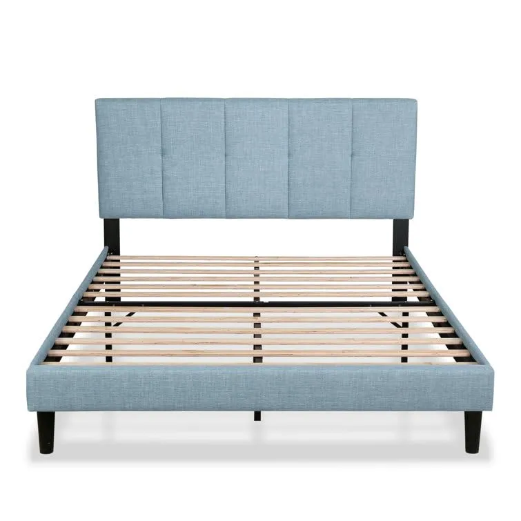 FORESTER FURNITURE Solid Sheesham Wood Queen Size Bed Cot Bed Furniture Upholstered Double Bed for Bedroom Living Room Home -Sky Blue Finish