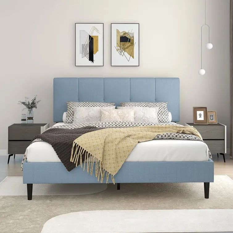 FORESTER FURNITURE Solid Sheesham Wood Queen Size Bed Cot Bed Furniture Upholstered Double Bed for Bedroom Living Room Home -Sky Blue Finish