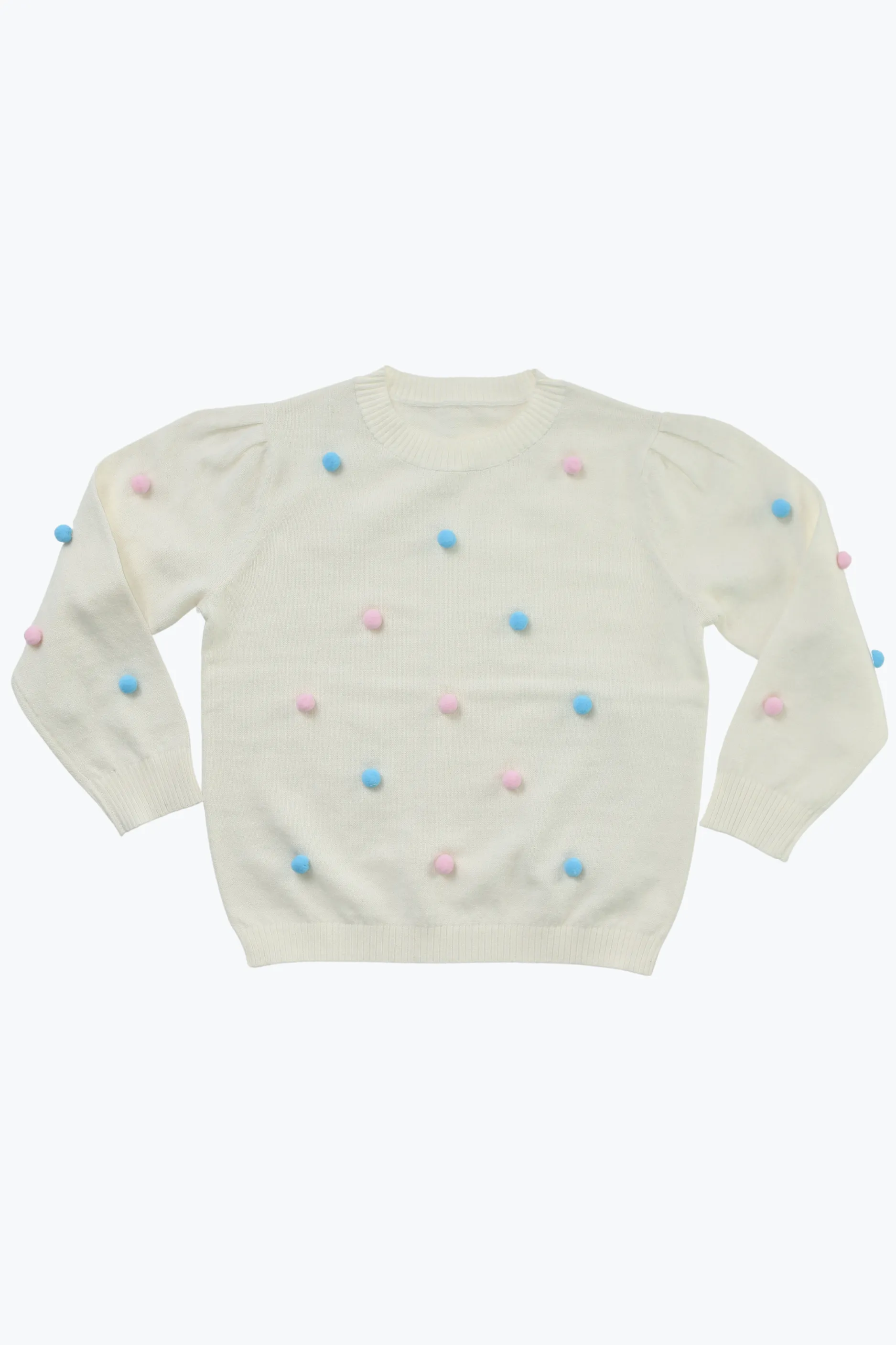 Girls Pom Pom Crewneck Sweater in Ivory