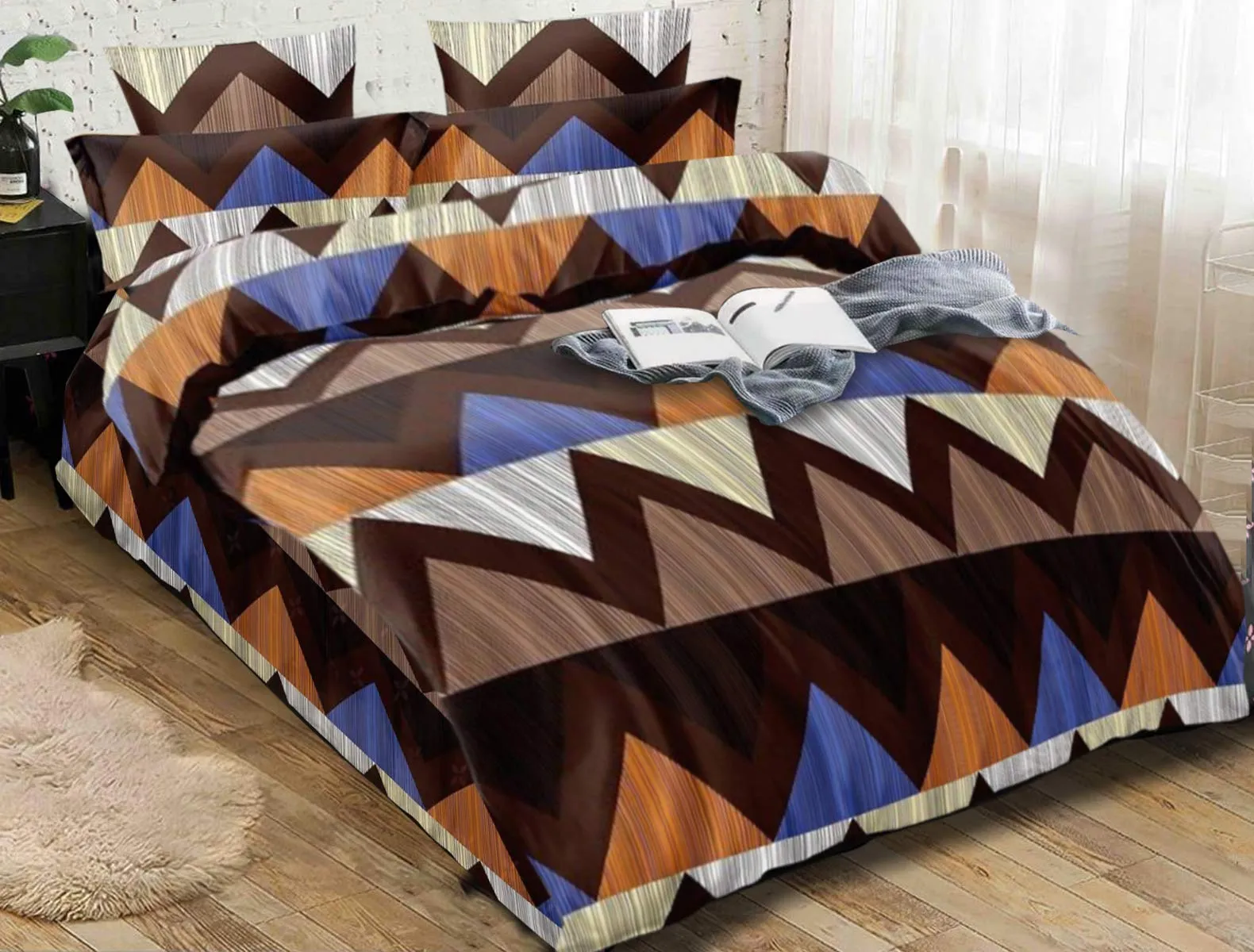 Heart Home Zig Zag Printed Cotton Double Bedsheet with 2 Pillow Covers (Brown)-HS43HEARTH26814
