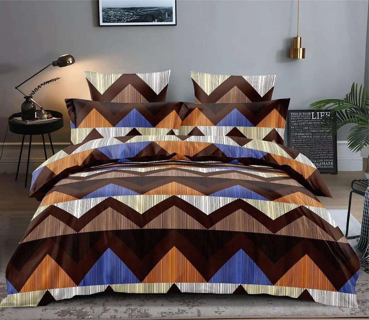 Heart Home Zig Zag Printed Cotton Double Bedsheet with 2 Pillow Covers (Brown)-HS43HEARTH26814