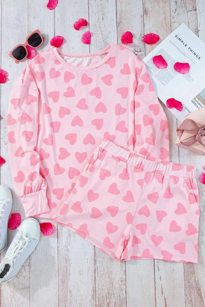 Lots Of Love Pink Valentine Hearts Long Sleeve Shorts Lounge Set
