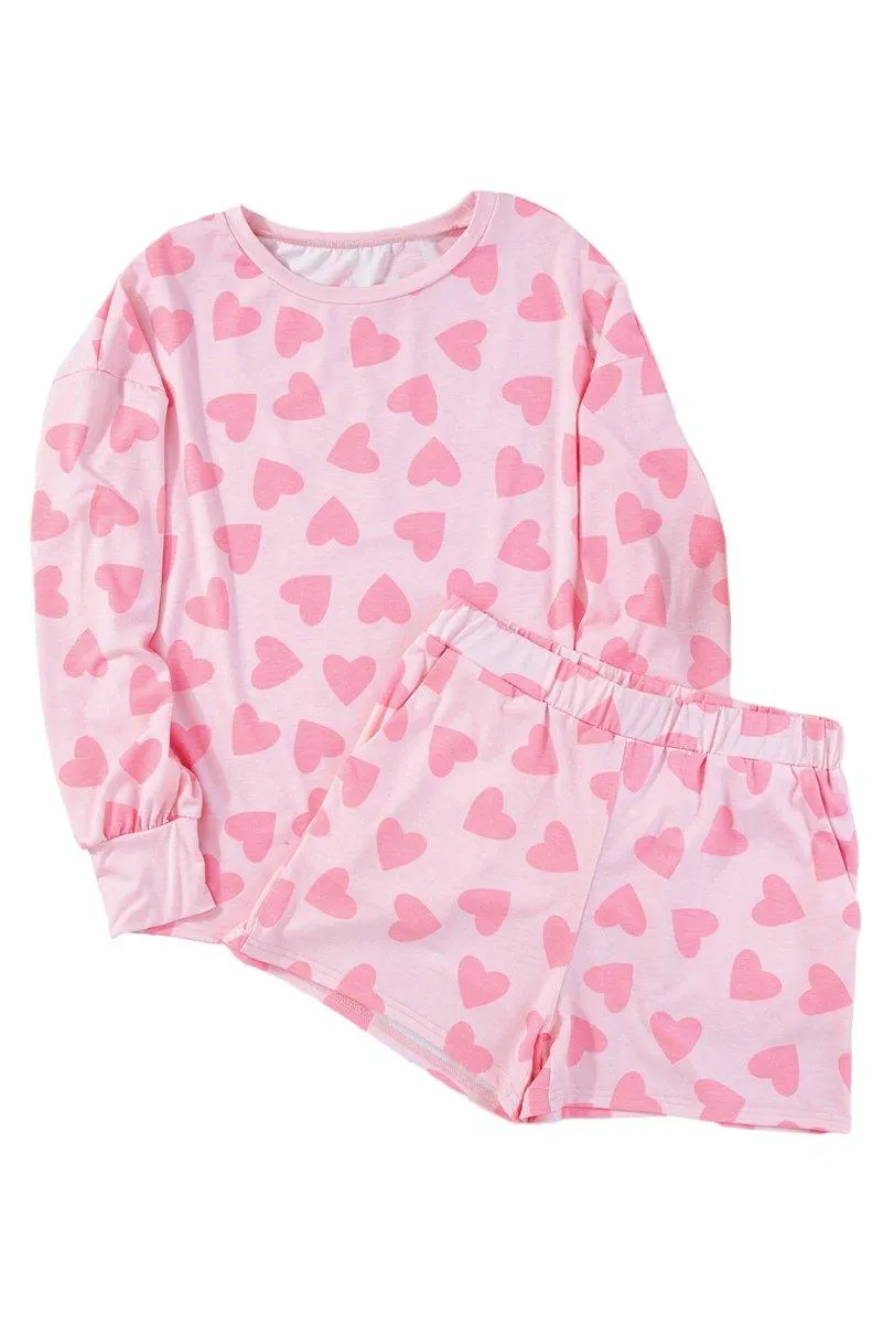 Lots Of Love Pink Valentine Hearts Long Sleeve Shorts Lounge Set