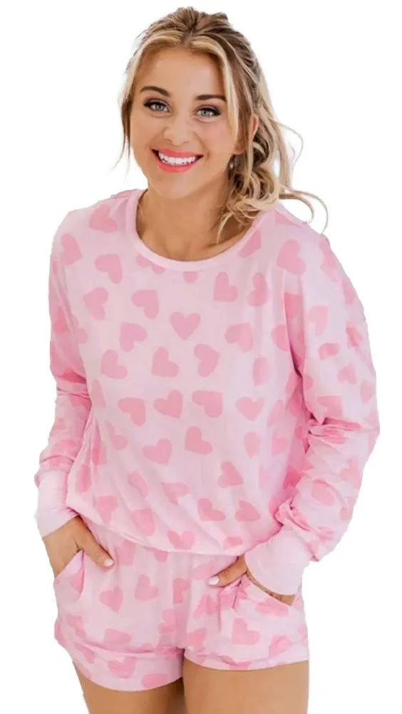 Lots Of Love Pink Valentine Hearts Long Sleeve Shorts Lounge Set