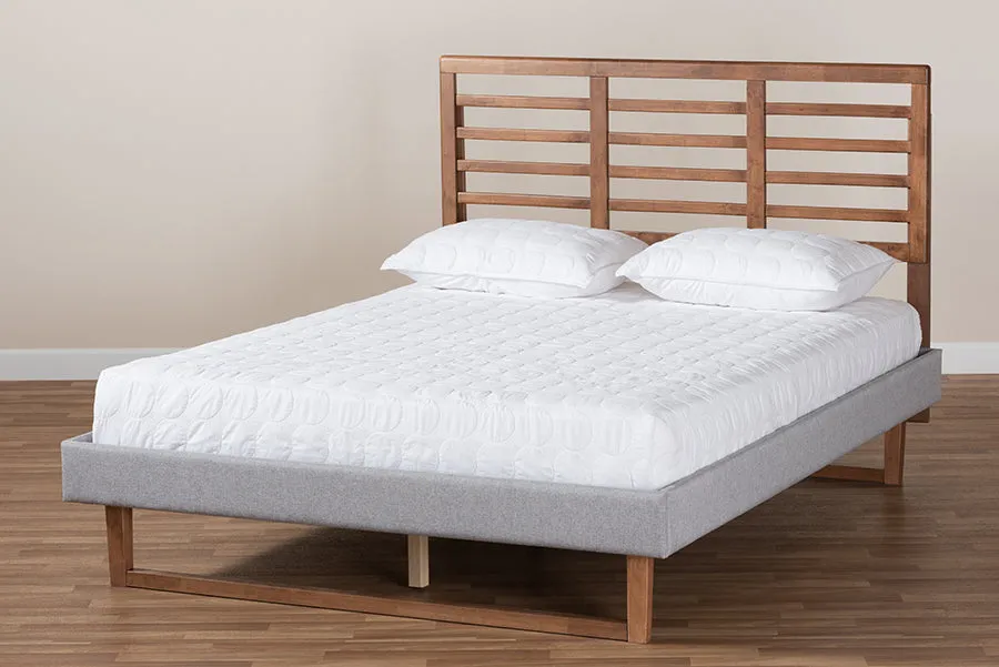 Melanie Light Gray Fabric Ash Walnut Brown Wood Platform Bed w/Slat Headboard (Queen)