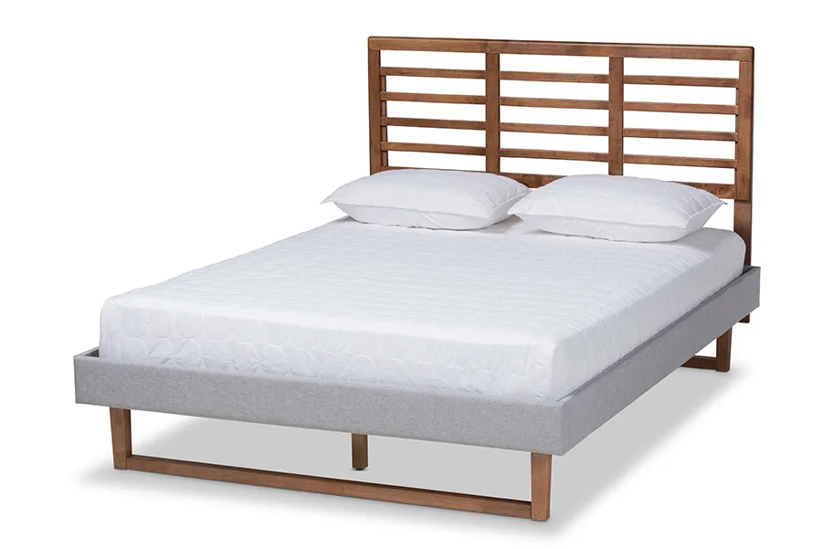 Melanie Light Gray Fabric Ash Walnut Brown Wood Platform Bed w/Slat Headboard (Queen)
