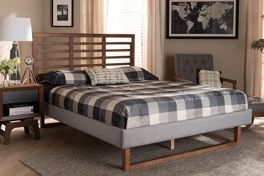 Melanie Light Gray Fabric Ash Walnut Brown Wood Platform Bed w/Slat Headboard (Queen)