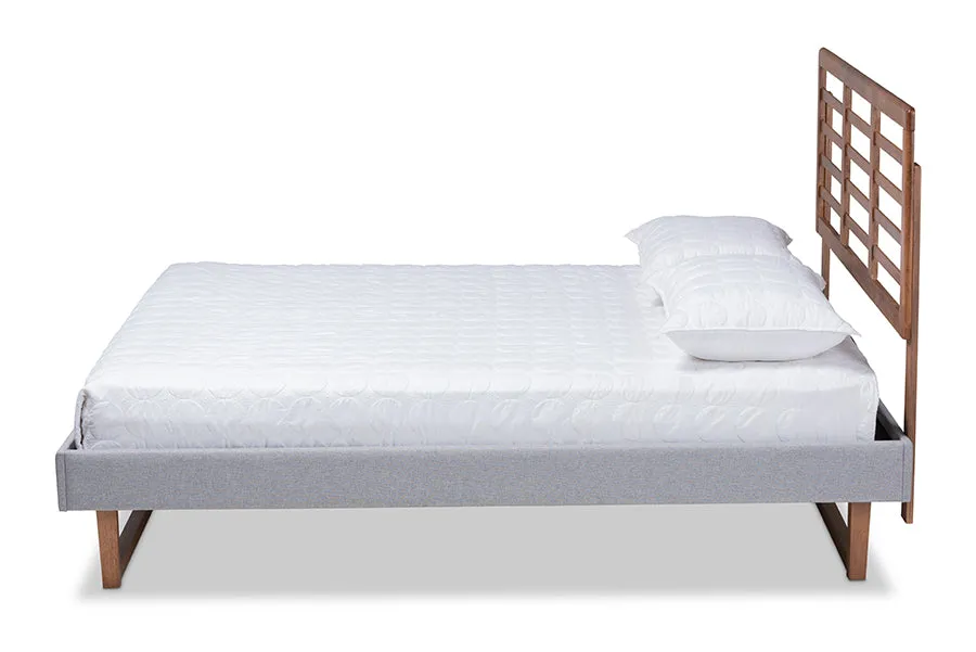 Melanie Light Gray Fabric Ash Walnut Brown Wood Platform Bed w/Slat Headboard (Queen)