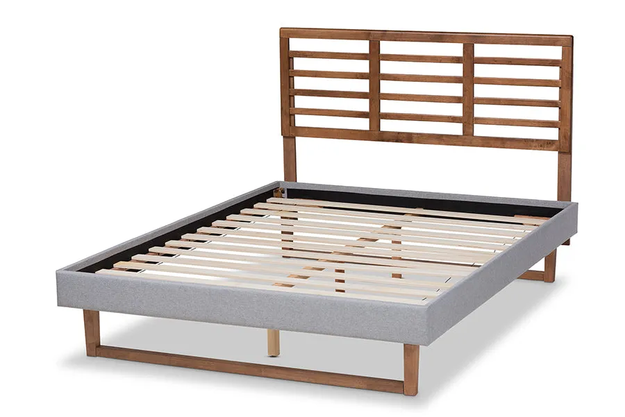 Melanie Light Gray Fabric Ash Walnut Brown Wood Platform Bed w/Slat Headboard (Queen)