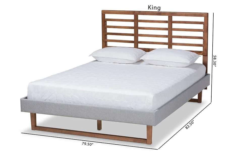 Melanie Light Gray Fabric Ash Walnut Brown Wood Platform Bed w/Slat Headboard (Queen)