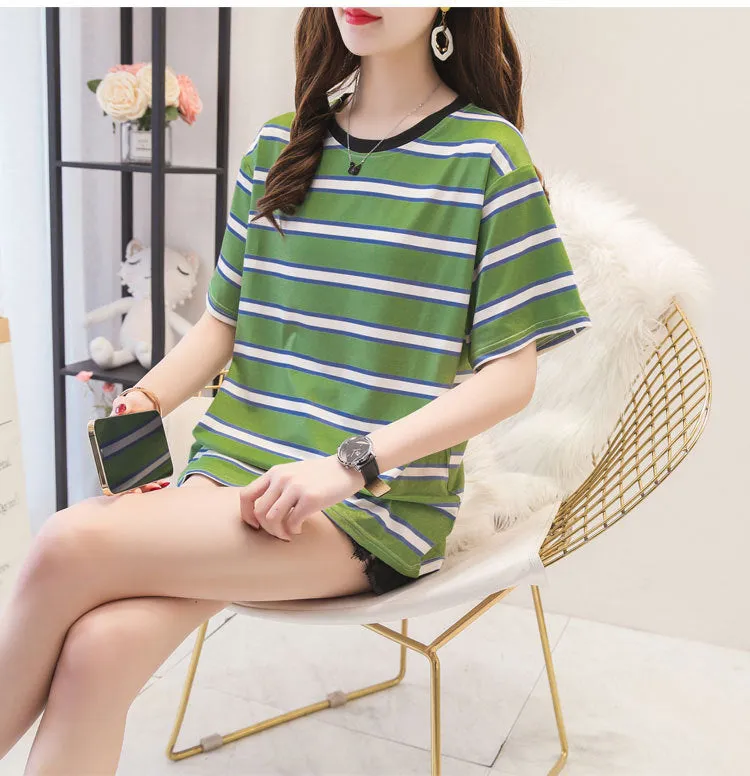 Minimalist Women Korean Trendy Short Sleeve T-Shirt Summer Striped INS Trendy Tops T-Shirt