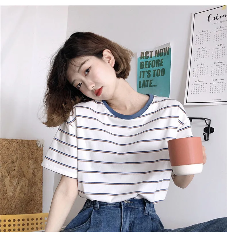 Minimalist Women Korean Trendy Short Sleeve T-Shirt Summer Striped INS Trendy Tops T-Shirt