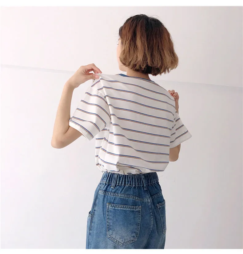 Minimalist Women Korean Trendy Short Sleeve T-Shirt Summer Striped INS Trendy Tops T-Shirt