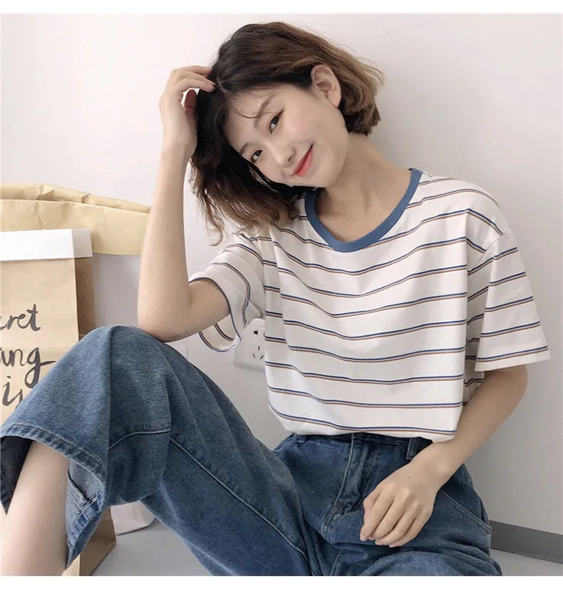 Minimalist Women Korean Trendy Short Sleeve T-Shirt Summer Striped INS Trendy Tops T-Shirt