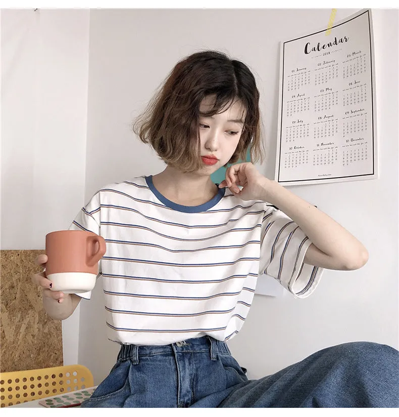 Minimalist Women Korean Trendy Short Sleeve T-Shirt Summer Striped INS Trendy Tops T-Shirt
