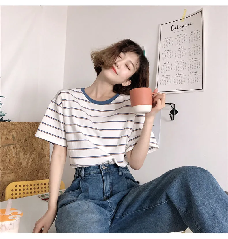 Minimalist Women Korean Trendy Short Sleeve T-Shirt Summer Striped INS Trendy Tops T-Shirt