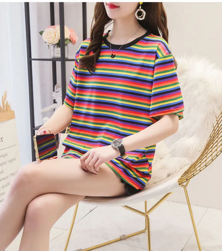 Minimalist Women Korean Trendy Short Sleeve T-Shirt Summer Striped INS Trendy Tops T-Shirt